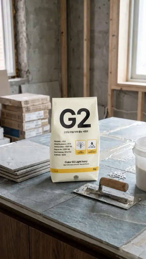 줄눈시멘트 G2 포장과 시공 도구가 놓인 작업대 이미지