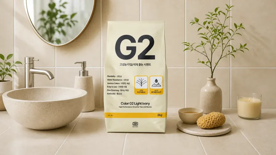줄눈시멘트 G2 Color 02 Light Ivory 포장이 세면대 옆 욕실 타일 위에 놓인 제품 이미지