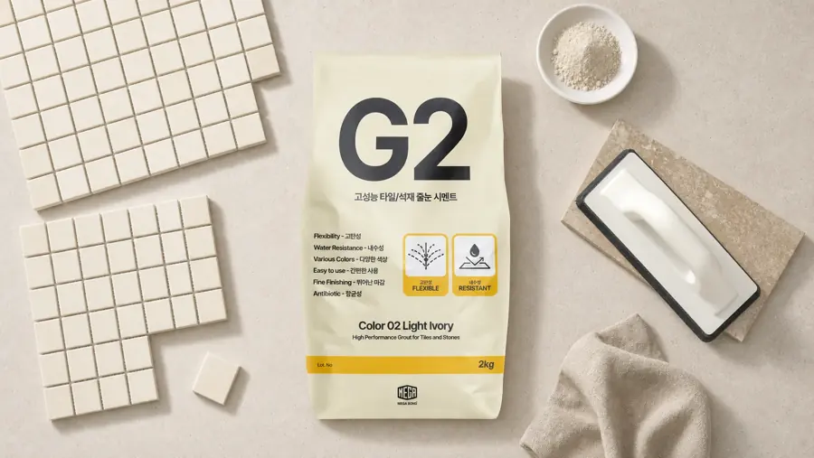 줄눈시멘트 G2 Color 02 Light Ivory 포장과 모자이크 타일, 고무흙손을 놓은 제품 이미지