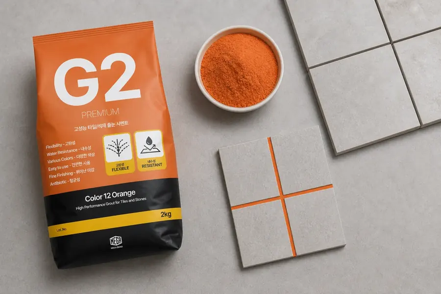 줄눈이색현상 G2 Color 12 Orange 샘플과 줄눈 가루 이미지