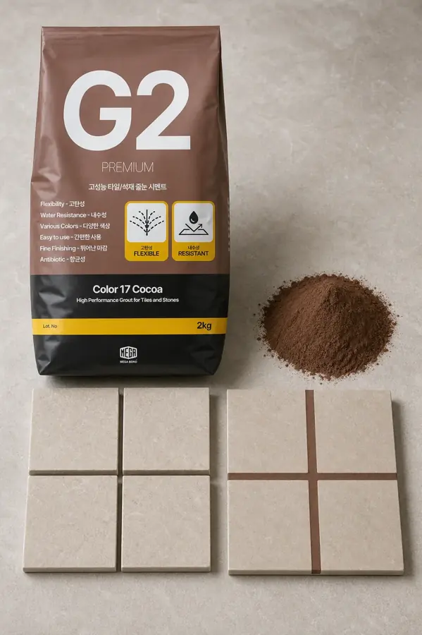 줄눈 색상 G2 Color 17 Cocoa 포장과 코코아색 줄눈 가루, 타일 샘플 이미지