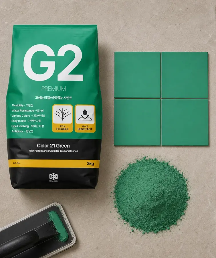 줄눈 색상 G2 Color 21 Green 포장과 초록색 줄눈 가루, 타일 샘플 이미지